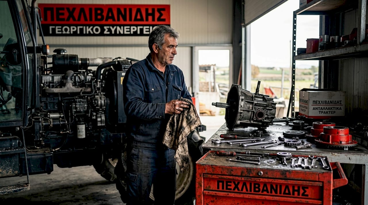 Ένας αγρότης ελέγχει το σασμάν του τρακτέρ του μέσα στο συνεργείο, προσπαθώντας να εντοπίσει το πρόβλημα.