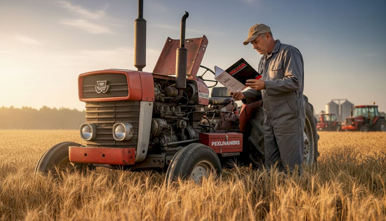 Farmer inspecting Perkins diesel tractor engine