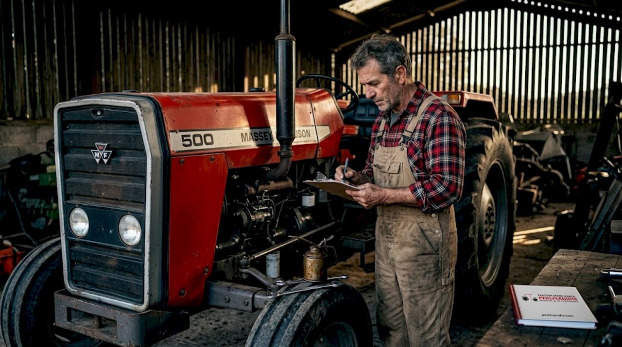 Greek farmer checking tractor in barn