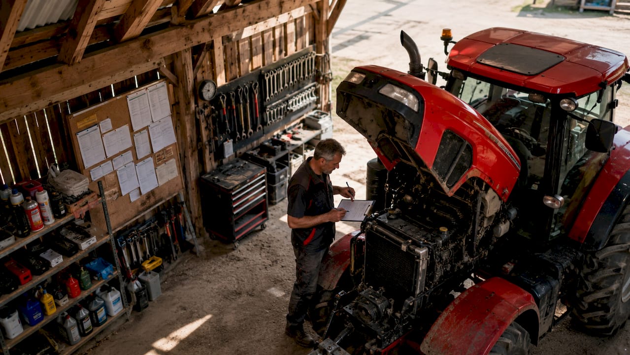 Technician inspecting tractor with checklist indoors
