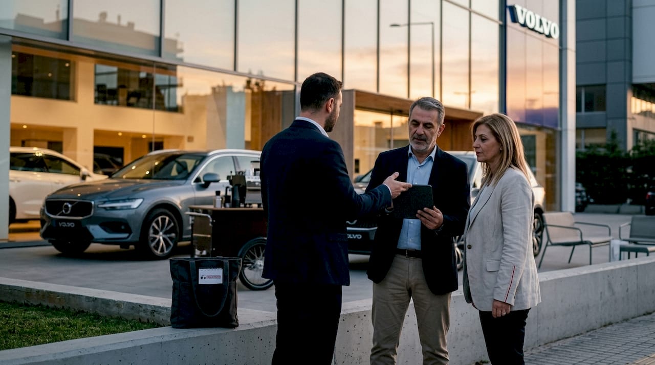 Customer consulting with Volvo dealer in showroom