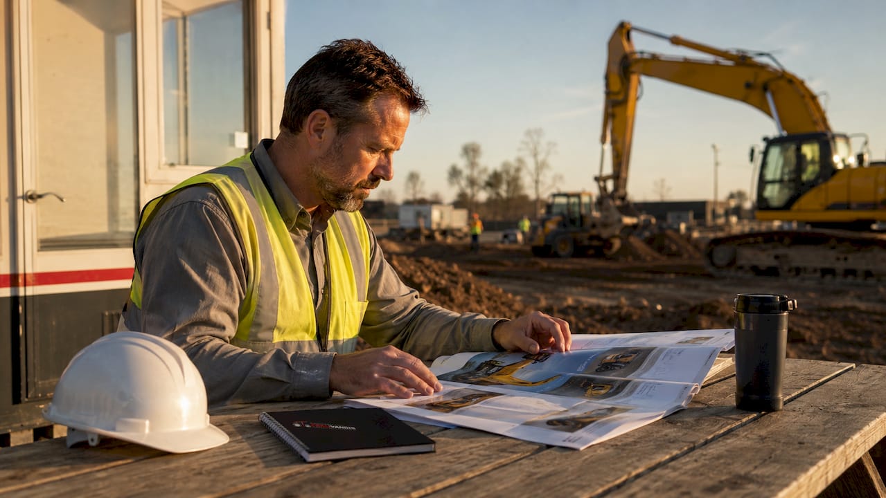 Project manager reviewing Komatsu machinery brochures